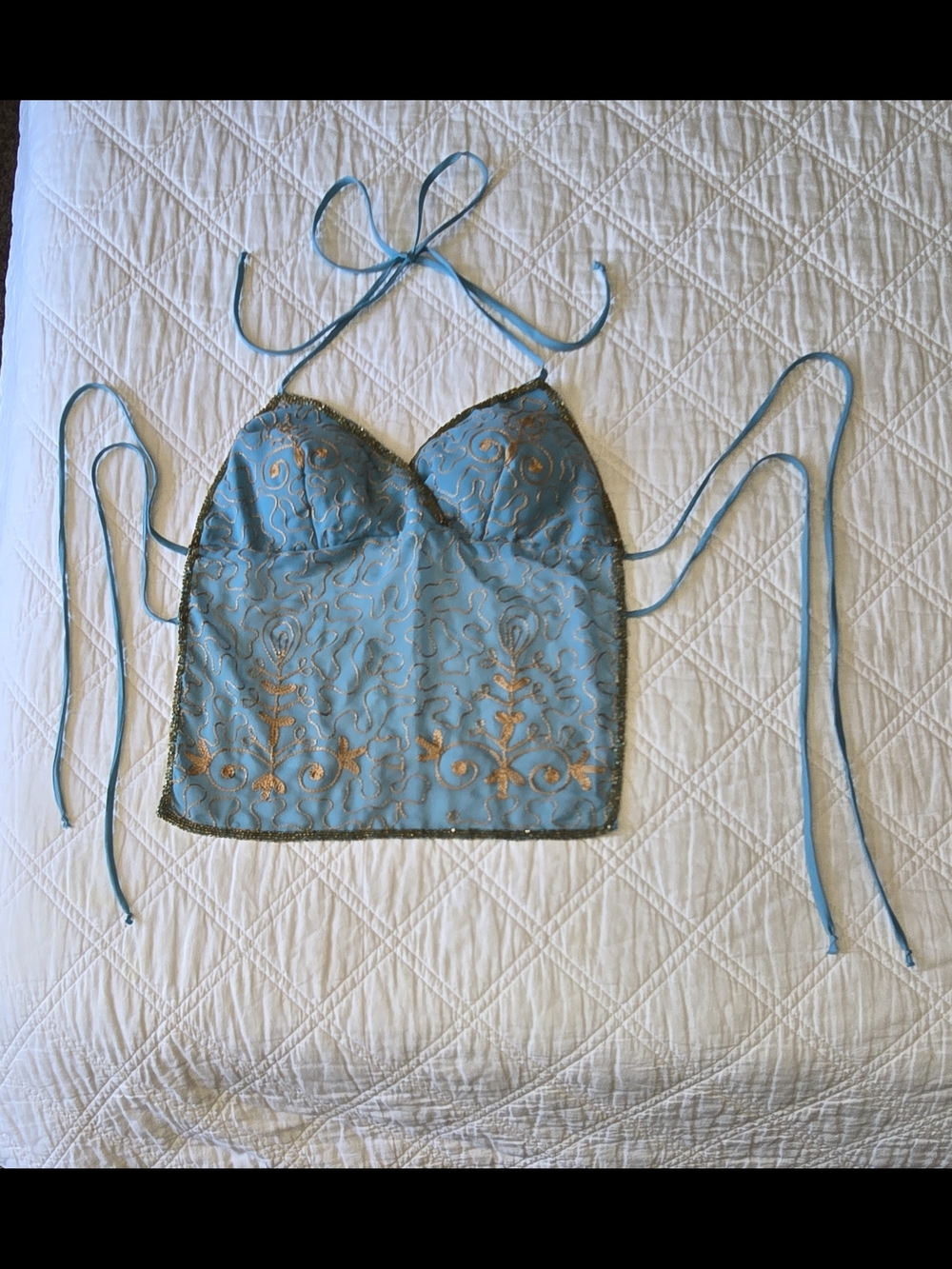 VTG Y2K Seduction Cerulean Blue with Gold Metallic Embroidery Beaded Halter Med